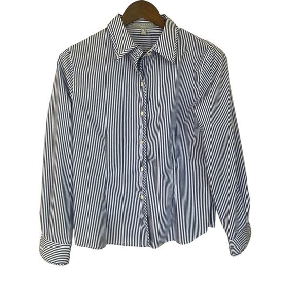 Foxcroft Blue and White Striped Wrinkle Free Button Up Shirt - Size 8 - Picture 1 of 4